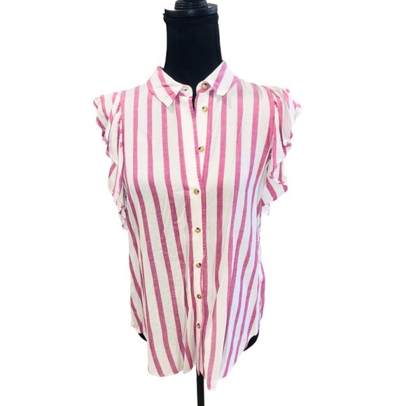 Anthropologie Maeve Fairhope Striped Button Down Flutter Sleeve Top Red White S - Picture 2 of 10